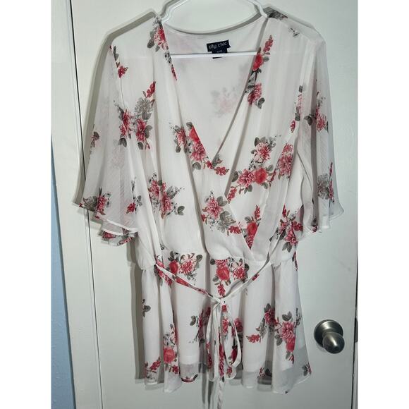 City Chic Blouse Size 22 White Floral Rose Chiffon Cottage Core Country Club - Picture 1 of 6